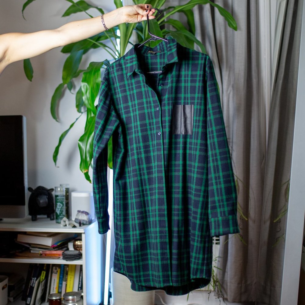 Maje Green and Blue Plaid Flannel Dress Shirt